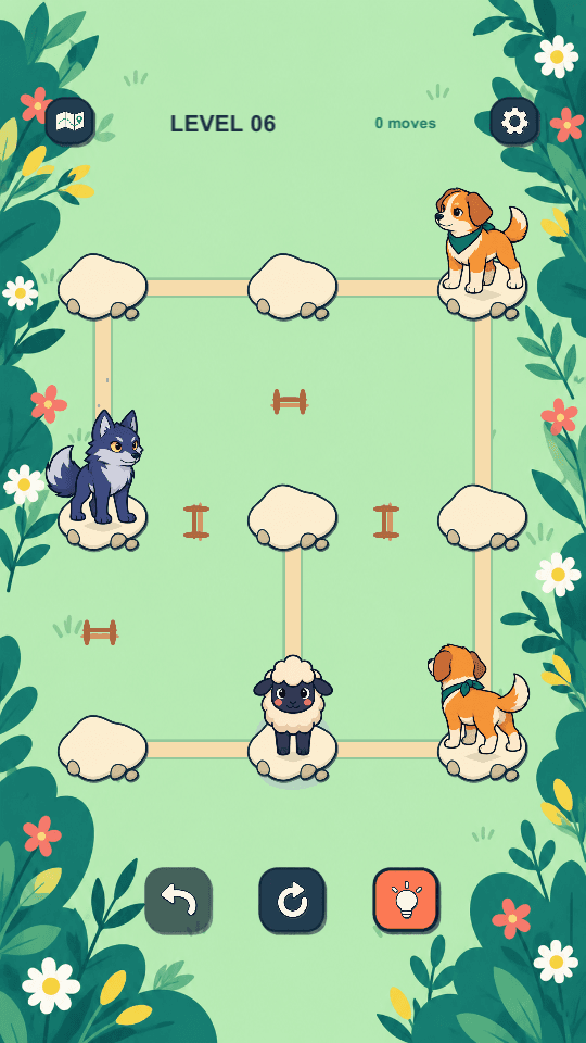 Game board with dogs guarding paths between the wolf and sheep